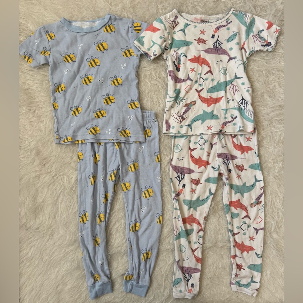Set of 2 Carter's Bee and Ocean Creature Print Pajama Sets in Blue and Cream